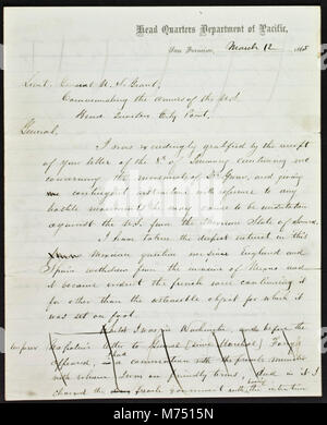 Ein historischer Brief von General Irvin McDowell an U.S. Grant im Jahr 1865. Der Brief gibt Einblicke in die militärische Korrespondenz und persönliche Interaktionen während der letzten Phasen des Amerikanischen Bürgerkriegs. Stockfoto