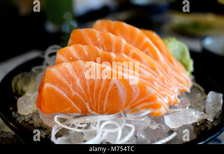 Roher Lachs Schicht oder Lachs Sashimi im japanischen Stil frischen dienen auf Eis mit frischen Wasabi Foto im Hallenbad die gedämpfte Beleuchtung. Stockfoto