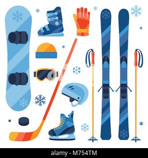 Wintersportausrüstung Symbole im flachen Design Style set Stock Vektor