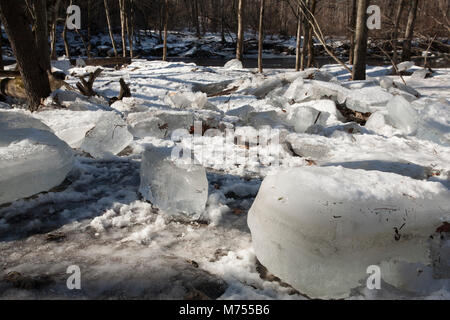 Winter Überschwemmungen der Mill River in Northampton, MA hat zerstreut Eisbrocken entlang der Küste. Stockfoto