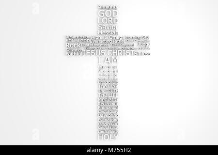 3D-Kreuz, aus der viele biblische Namen JESU CHRISTI - Ansicht von oben Stockfoto