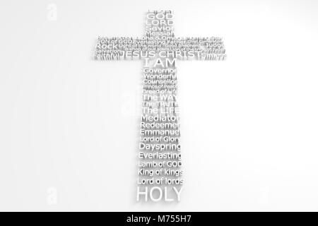 3D-Kreuz, aus der viele biblische Namen JESU CHRISTI Stockfoto