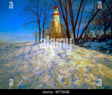 Marblehead Leuchtturm im Winter, Marblehead, Ohio, See Erie shore historischen Leuchtturm dating von 1821 Stockfoto