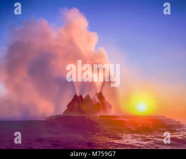 Geysir bei Sonnenaufgang Fliegen, Black Rock Desert, Nevada, heiße Quelle geysir am Playa rim, Farben, die aus Algen in heißem Quellwasser Stockfoto