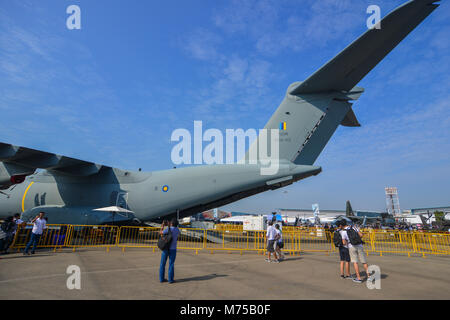 Singapur - Feb 10, 2018. Airbus A400M Atlas Transportflugzeuge der Royal Malaysian Air Force in Changi, Singapur. Stockfoto