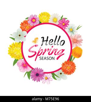 Hallo Frühling Kreis frame Grußkarten und Blumen Dekoration. Stock Vektor