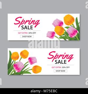 Frühling Verkauf banner Vorlage mit bunten Blume. Können Voucher werden, Wallpaper, Flyer, Einladungen, Poster, Broschüre, Coupon Rabatt. Stock Vektor