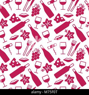 Nahtlose Muster mit Wein und Essen Symbole. Hintergrund für Karten, Dekoration, Menüs, Web, Banner und Designs zu Wein. Vector Illustration. Stock Vektor