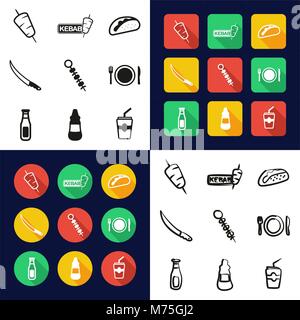 Kebab in einem Symbole Schwarzweiß Farbe flaches Design Freehand eingestellt Stock Vektor