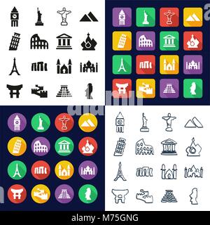 Wahrzeichen der Welt in einem Symbole Schwarzweiß Farbe flaches Design Freehand eingestellt Stock Vektor