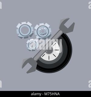 Schraubenschlüssel mit Getriebe Räder und Reifen über grauer Hintergrund, farbenfrohen Design Vector Illustration Stock Vektor