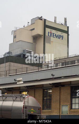 Kampen, Niederlande - Januar 13, 2018: Leerdammer Molkerei Tanker entlädt Milch bei Lyempf Baby Milch Fabrik Stockfoto