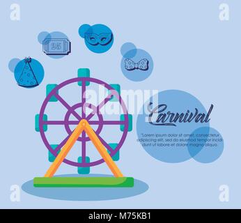 Circus Karneval Infografik mit Vermögen Rad und die zugehörigen Symbole über blauen Hintergrund, farbenfrohen Design Vector Illustration Stock Vektor