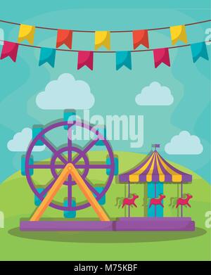 Karneval Zirkus Design mit fortune Wheel und Karussell Symbol über Landschaft Hintergrund, farbenfrohen Design Vector Illustration Stock Vektor