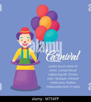 Circus Karneval Infografik mit magischen Hut mit einem Clown Symbol auf lila Hintergrund, farbenfrohen Design Vector Illustration Stock Vektor
