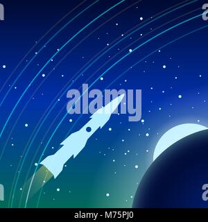 Internationaler Tag der bemannten Raumfahrt. Die Rakete fliegt in der Umlaufbahn der Erde. Es ist sichtbar auf die Erde, den Mond und die Sterne Stock Vektor