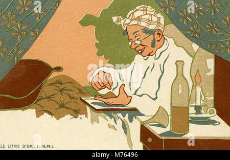 Eine Zeichentrickserie aus der Serie „Le litre D’Or“ zeigt einen Mann, der sich zurückzieht, nachdem er seinen Goldstaub an einem sicheren Ort platziert hat, und zeigt eine humorvolle Interpretation von Finanzsicherheit und Ruhestand. Stockfoto