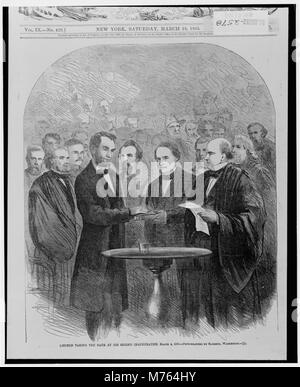 Ein Foto von Abraham Lincoln, der während seiner zweiten Amtseinführung am 4. März 1865 den Eid ablegte, einem entscheidenden Moment in der US-Geschichte. Stockfoto
