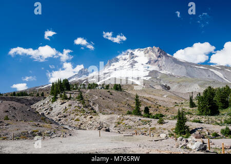 Blick auf Mt Hood mit einer Kappe bedeckt mit Schnee und Asche unten. Mt Hood National Forest, Oregon Stockfoto