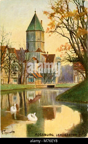 Ein historisches Foto von Jakobertor in Augsburg, einem mittelalterlichen Stadttor. Das Bild fängt die architektonischen Merkmale dieses Wahrzeichens ein, ein Symbol für Augsburgs reiche Geschichte. Stockfoto