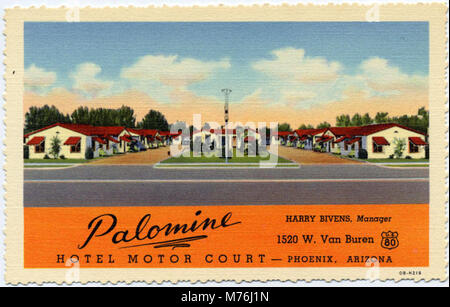 Ein Vintage-Bild des Palomine Hotel Motor Court in Phoenix, Arizona, das ein Hotel am Straßenrand aus der Mitte des 20. Jahrhunderts zeigt, das für Motorreisende während der Automobilzeit entworfen wurde. Stockfoto