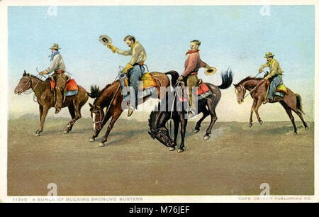 Ein dynamisches Bild, das eine Gruppe von Bronco-Bustern in Aktion erfasst, geschickt reitet und kontrolliert, wie die bronco-Buster die raue Cowboy-Kultur des amerikanischen Westens zeigen. Stockfoto