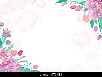 Blühende Vektor Rahmen mit rosa Skizze Blumen für Einladung und Begrüßung design Stock Vektor