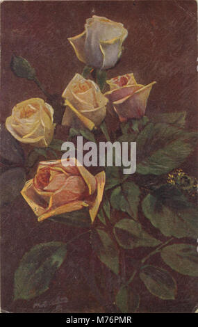 Ein detailliertes Gemälde mit Rosen. Das Kunstwerk betont die zarte Natur und Schönheit der Blumen und fängt sie mit Präzision und sanften Farbtönen ein. Stockfoto