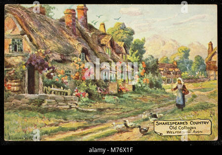 Das Bild zeigt traditionelle, Jahrhunderte alte Cottages in Welford-on-Avon, einem Dorf im Herzen von Shakespeares Land. Diese Bauten spiegeln den architektonischen Stil des ländlichen Englands wider und zeichnen sich durch Strohdächer und Holzrahmendesigns aus, die typisch für die Region sind. Stockfoto