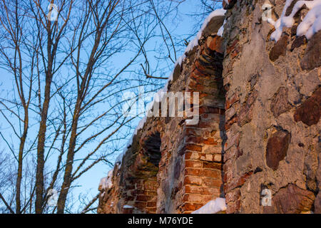 Alte Ruinen in einer Landschaft an einem sonnigen Wintertag mit Bäumen hinter Ihnen Stockfoto