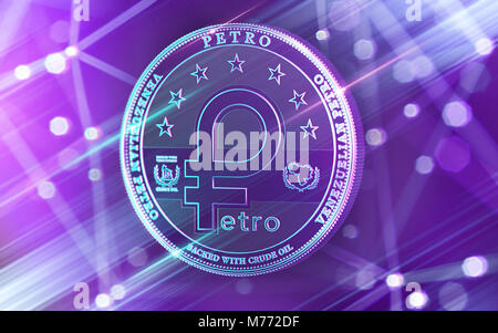 Neon leuchtenden Petro Konzept Münze in UV-Farben mit blockchain Knoten in verschwommenen Hintergrund. 3D-Rendering Stockfoto