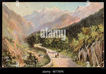 Ein malerischer Blick auf die Pyrenäen mit Schwerpunkt auf die Gegend von Eaux Bonnes. Das Bild fängt die natürliche Schönheit und das raue Gelände der Bergkette ein, ein beliebter Ort für Outdoor-Aktivitäten. Stockfoto