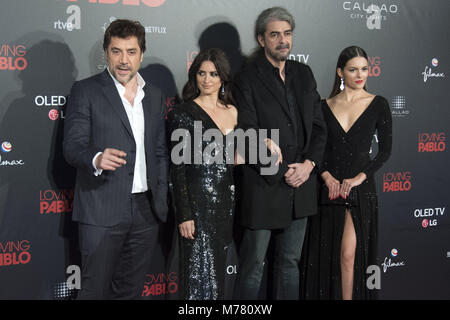 Javier Bardem, Penelope Cruz, Fernando Leon de Aranoa und Julieth Restrepo bei der Premiere von "Lieben Pablo" in Madrid, 07.03.2018 | Verwendung weltweit Stockfoto