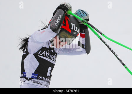 Sonthofen, Deutschland. 09 Mär, 2018. 09 März 2018, Deutschland, Ofterschwang: Ski Alpin, Fußball-WM, Frauen, Riesenslalom, erster Lauf: Österreichs Stephanie Brunner ist disqualifiziert. Quelle: Stephan Jansen/dpa/Alamy Leben Nachrichten Quelle: dpa Picture alliance/Alamy leben Nachrichten Stockfoto