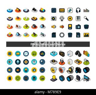 Set von Icons in verschiedenen Stil - isometrische flach und Otline, farbige und schwarze Versionen Stock Vektor