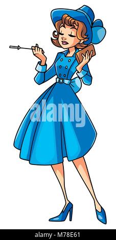 Volle Länge Abbildung: Eine elegante Frau tragen Vintage blauen Kleid und Hut gegen weißen Hintergrund für Kopieren. Stock Vektor