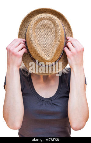 Portrait der Unbekannten blonden Frau, die ihr Gesicht mit Sommer hat. Auf weissem Hintergrund. Stockfoto