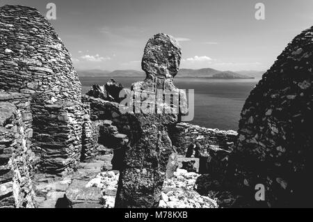 Schwarze und weiße Skellig Michael, UNESCO-Weltkulturerbe, Kerry, Irland. Star Wars The Force weckt die Szene auf der Insel gedreht. Stockfoto