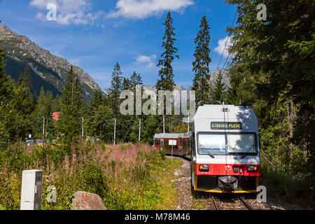 Hohe Tatra, Slowakei - 27. August 2015: Tatra elektrische Bahnen (TEZ-TER) Zug (auch als "Tatra Straßenbahn" bekannt) zu stoppen Popradske Pleso in der hohen Eintrifft Stockfoto