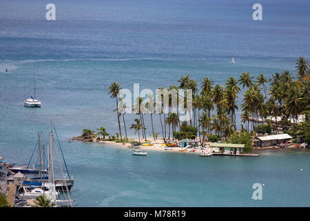 Die großen Palmen auf dem kleinen Strand in Marigot Bay, St. Lucia, Windward Islands, West Indies Karibik, Mittelamerika Stockfoto