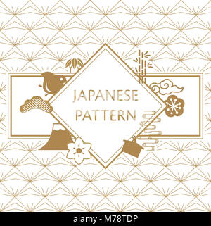 Japanische Muster Vektor. Gold Rahmen mit geometrischen Hintergrund. Fuji Berg, Vogel, Bambus, Baum, Cherry Blossom Elemente. Stockfoto
