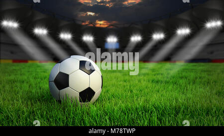 Ball auf Gras im Fußball-Stadion mit Beleuchtung in der Nacht, 3D-Rendering Stockfoto