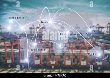 Netzwerkverbindung Partnerschaft Logistik und Weltkarte mit Port in Verbindung background.Network Logistik Technologie Konzept (Elemente dieses Bild Stockfoto