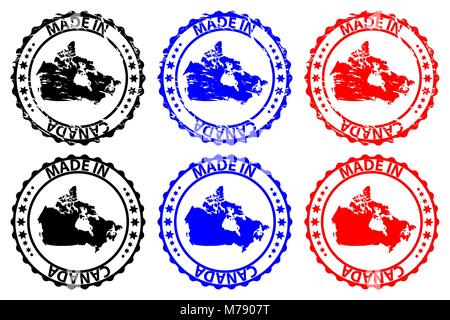 Hergestellt in Kanada - Stempel - Vektor, Kanada Karte Muster - Schwarz, Blau und Rot Stock Vektor