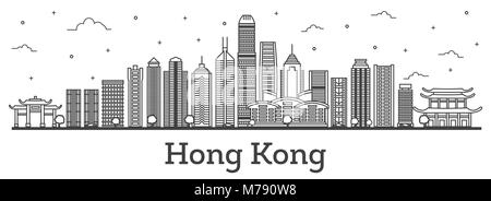 Umrisse Hong Kong China Skyline der Stadt mit modernen Gebäuden isoliert auf Weiss. Vector Illustration. Hong Kong Stadtbild mit Sehenswürdigkeiten. Stock Vektor