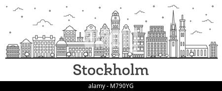 Umrisse Stockholm Schweden Skyline der Stadt mit historischen Gebäuden isoliert auf Weiss. Vector Illustration. Stockholm Stadtbild mit Sehenswürdigkeiten. Stock Vektor