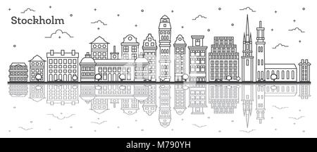 Umrisse Stockholm Schweden Skyline der Stadt mit historischen Gebäuden und Reflexionen isoliert auf Weiss. Vector Illustration. Stockholm Stadtbild Stock Vektor