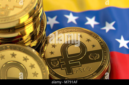 Stapel von Petro Konzept Münzen auf Venezolanische Flagge. Lage von Petro Die cryptocurrency von Venezuela Konzept. 3D-Rendering Stockfoto