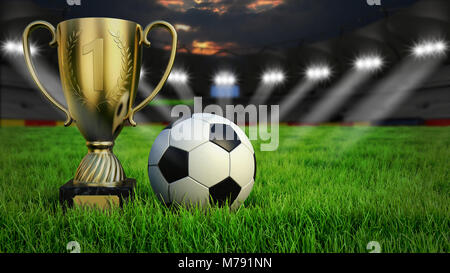 Kugel mit Pokal Schale auf Gras im Fußball-Stadion mit Beleuchtung in der Nacht, 3D-Rendering Stockfoto