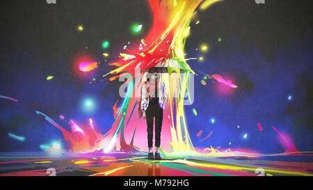 Frau mit Regenschirm selbst Schutz von farbigen Spritzern, digital art Stil, Illustration Malerei Stockfoto